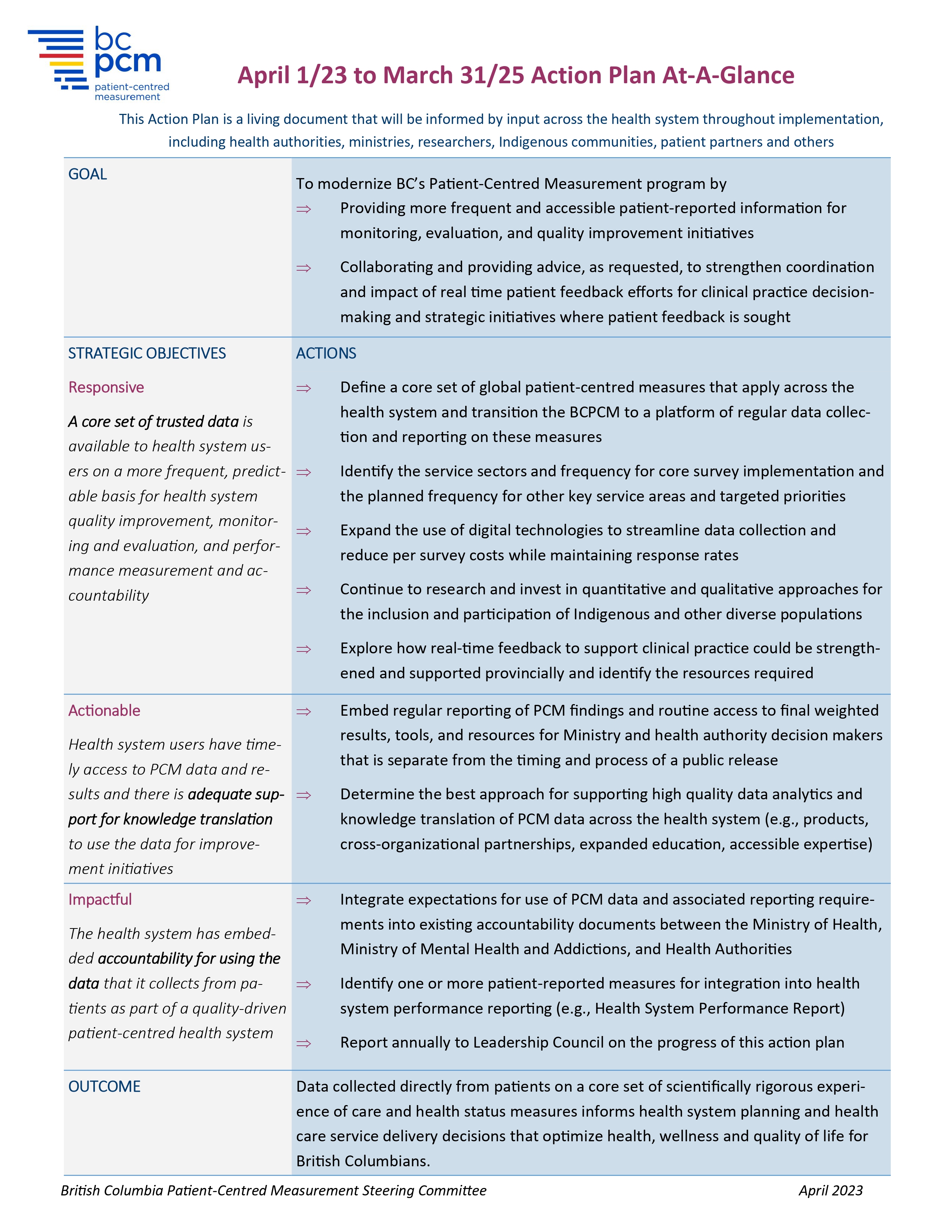 BCPCM Action Plan  - 1 Pager April 2023